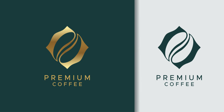 Two elegant premium coffee logos featuring a stylized golden coffee bean icon within a decorative frame on dark teal and a dark teal bean on a light background.