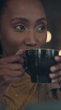 Laptop, woman and thinking with coffee in restaurant for story ideas, article break or remote work. Copywriter, black person and drink with tech in diner for blog inspiration, insight or freelancer