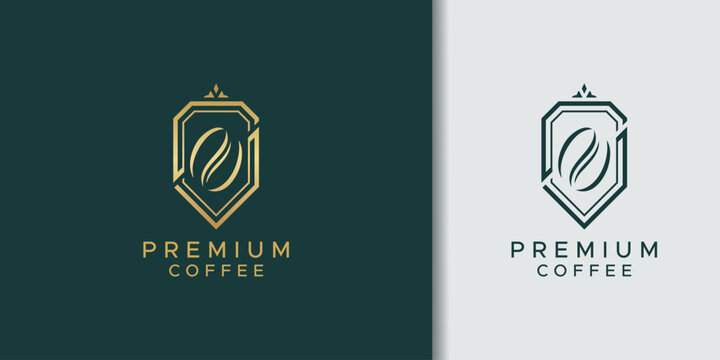 Elegant and minimalist premium coffee logo design featuring a stylized shield with a coffee bean icon, presented in two color variations.