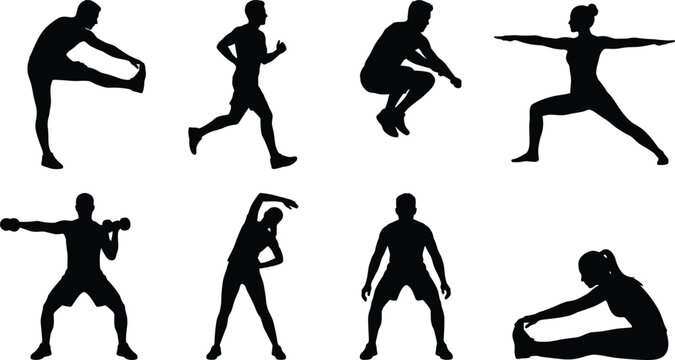 Silhouettes of people in dynamic jumping poses showing energy, freedom, and celebration