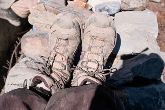 Dusty Hiking Boots After Long Trek on Himalayan Trail Near Manang Nepal