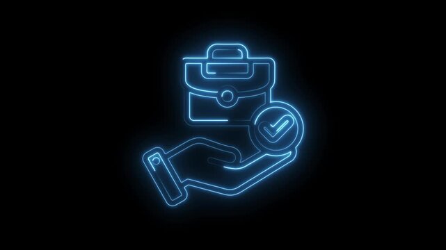 Glowing blue neon briefcase icon on hand with checkmark symbol signifying business success
