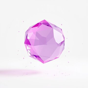 Polygonal pink gem floats above surface. Light reflects, creating subtle shadow, sparkle. Minimalist design, clean aesthetic.