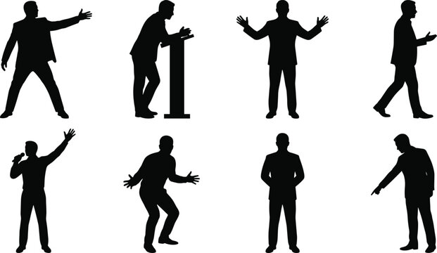 Silhouettes of people speaking and presenting with expressive body language and gestures