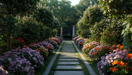 Obraz premium Beautiful Blooming Garden Pathway with Colorful Flowers and Lush Green Landscape