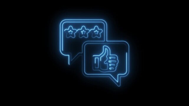 Glowing blue neon outline of speech bubbles with three stars and a thumbs up icon on a black
