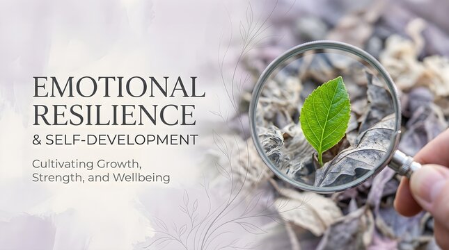 Emotional Resilience and Self-Development Banner with Hand Holding Magnifying Glass over Fresh Green Leaf.