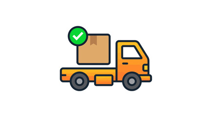 Fototapeta premium Flat vector icon of a delivery truck carrying a package with a green checkmark.