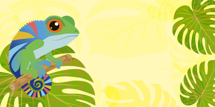 Flat vector horizontal banner layout with a cute colorful exotic chameleon on a branch, featuring huge empty text space framed by vibrant green monstera foliage. Vector illustration