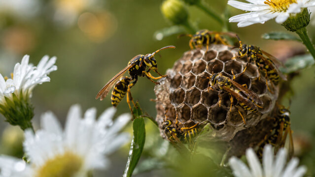 insect, wasp, nest, flower, purple, pink, macro, nature, wildlife, close-up, garden, blossom, bloom, petals, animal, outdoor, entomology, natural, botanical, flora, plant, habitat, antennae, legs, exo