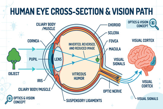 Detailed eye anatomy diagram showing light refraction, retinal layers, and visual processing