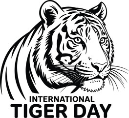 Obraz premium International Tiger Day vector with detailed tiger head illustration and bold typography for wildlife conservation awareness design