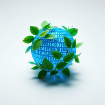Globe covered with leaves, binary code visible. Represents digital nature, technology, sustainability concepts. Bright, clean aesthetic.