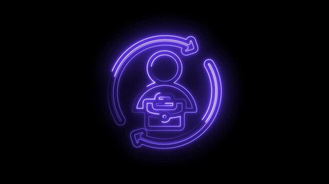 Neon purple outline of a person with a briefcase inside a circular arrow loop representing... icon