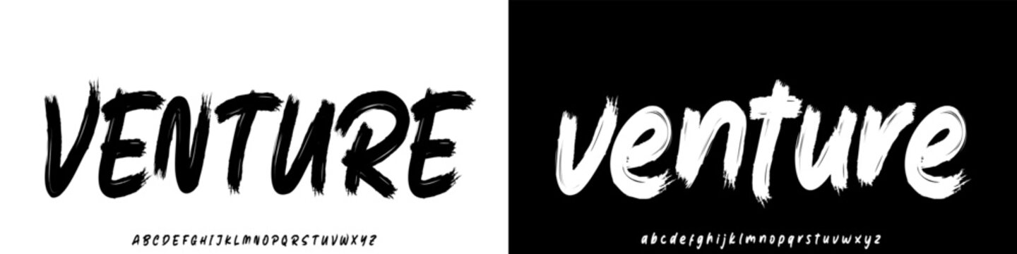 Hand drawn custom lettering venture text. Wild white letters with a curve sunburst effect isolated on black. Bold chalky looking dynamic calligraphy work on the board. Sloppy style graffiti wall tItle