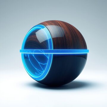 Dark sphere with bright blue neon light accent. Wood grain texture visible on upper portion. Minimalist design, smooth surface, reflective quality.
