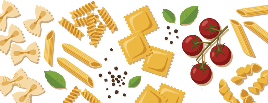 Italian pasta ingredients composition with assorted pasta varieties, ravioli, tomatoes, basil leaves, and peppercorns culinary vector illustration