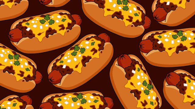Seamless pattern of chili cheese hot dogs topped with melted cheddar, onions, and fresh herbs on a dark background. Perfect for National Hot Dog Day, food promotions, restaurant ads