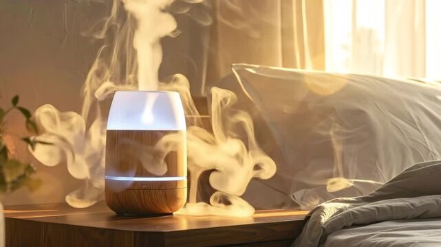 A wooden essential oil diffuser sits on a bedside table