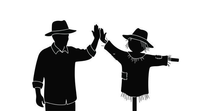 Farmer and scarecrow celebrating a successful harvest with a high five.