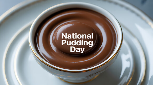 A close-up of a chocolate pudding in a white cup with gold trim, featuring the text 'National Pudding Day' on top.