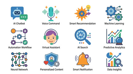 Fototapeta premium Infographic illustration shows AI chatbot and automation workflow concepts with various icons.