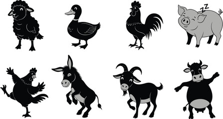 Fototapeta premium Cute Farm Animal Silhouette Collection Set with Funny Domestic Livestock CharactersCute Farm Animal Silhouette Collection Set with Funny Domestic Livestock Characters