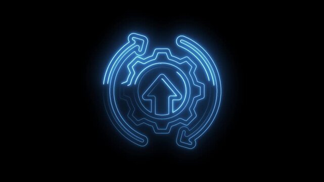 Glowing blue neon gear with upward arrow and circular arrows motion graphic representing icon
