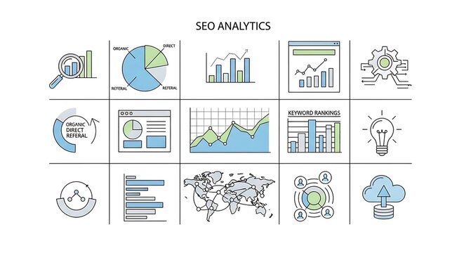 Seo analytics icons including graphs, charts, and keyword rankings in a grid layout design