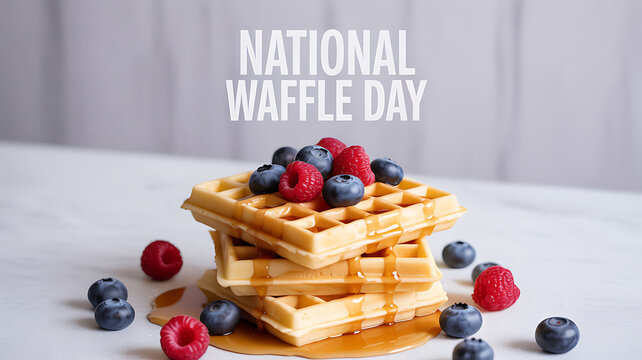 Stack of golden waffles topped with fresh berries and syrup, celebrating National Waffle Day