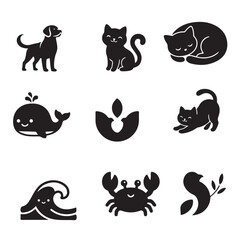 Obraz premium Cute Animal Icons Vector Set – Dog, Cat, Whale, Crab & Nature Symbols .
