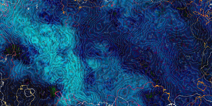 Deep ocean fluid dynamics pattern. Luxury marbled texture with glowing neon contour lines and teal swirls.