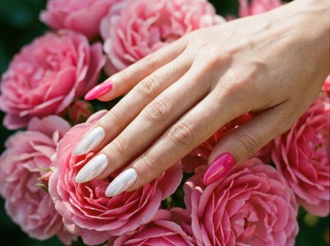 A closeup of a womans hand with manicured nails resting on a bouquet of vibrant pink roses, showcasing a stylish mix of pearlescent white and pink polish