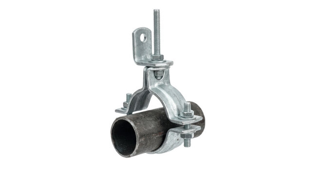 Heavy duty pipe clamp hanger securely supporting horizontal steel pipe, galvanized metal bracket for suspending plumbing and mechanical lines from ceiling structure

