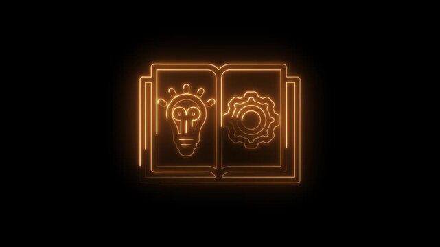 Glowing neon open book with lightbulb and gear icons symbolizing innovation knowledge and