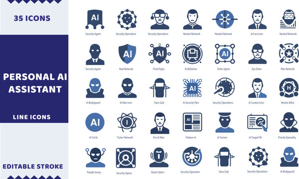 Personal AI assistant vector icons. Artificial intelligence security line signs set. Cyber agent icon