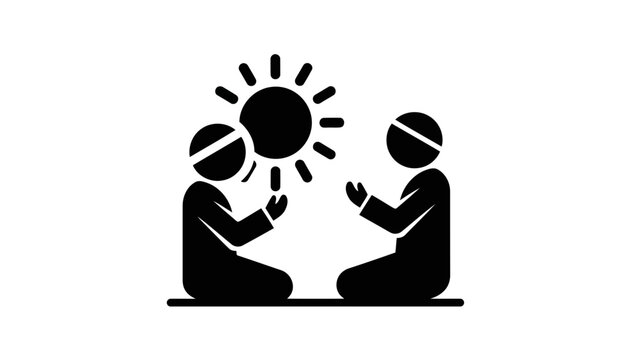 Vector icon of two people praying under a sun, representing morning prayer, spirituality, and religious devotion