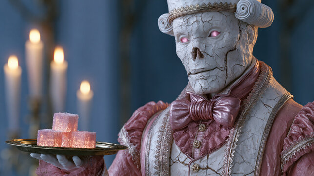 Rococo automaton butler with glowing tray in ornate candlelit fantasy setting