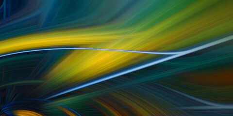 Abstract dynamic background with swirling fiber optic light trails in neon green yellow and dark blue colors motion blur effect. © md