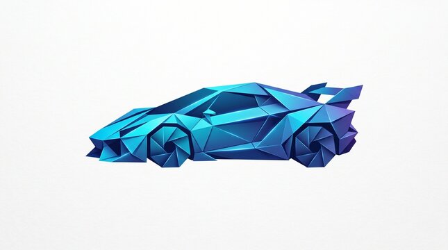 Futuristic geometric origami sports car logo in vibrant blue gradients. Sleek low poly automotive concept isolated on white.