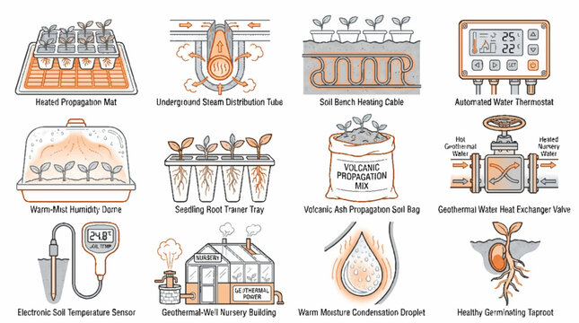 Agricultural technology and geothermal greenhouse farming equipment icons set.