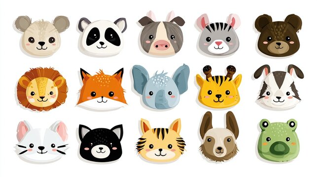 Set of cute animal face icons in a flat style, for children's designs and educational materials