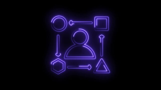 Neon glowing human icon connected by arrows to geometric shapes circle square hexagon triangle