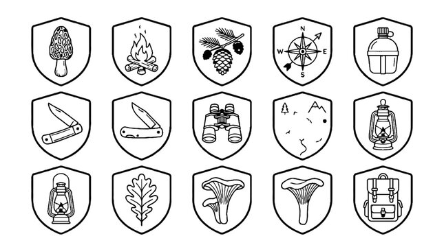 Set of vintage camping and hiking badges with outdoor equipment icons in shield frames.