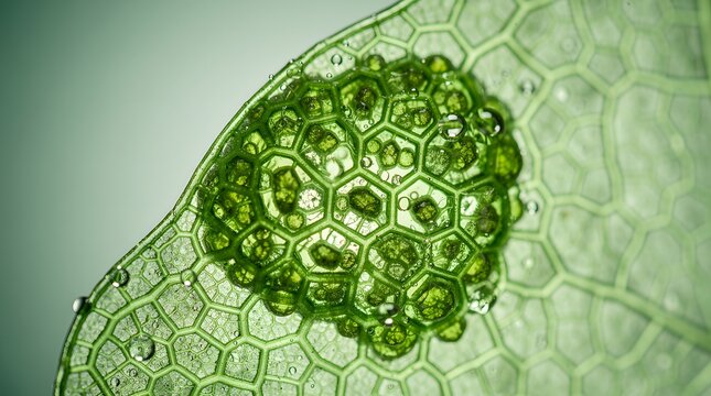 Extreme macro of green plant leaf tissue under microscope showing cellular wall patterns