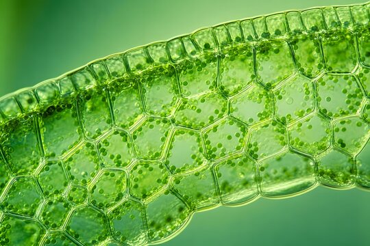 Extreme macro of green plant leaf tissue under microscope showing cellular wall patterns