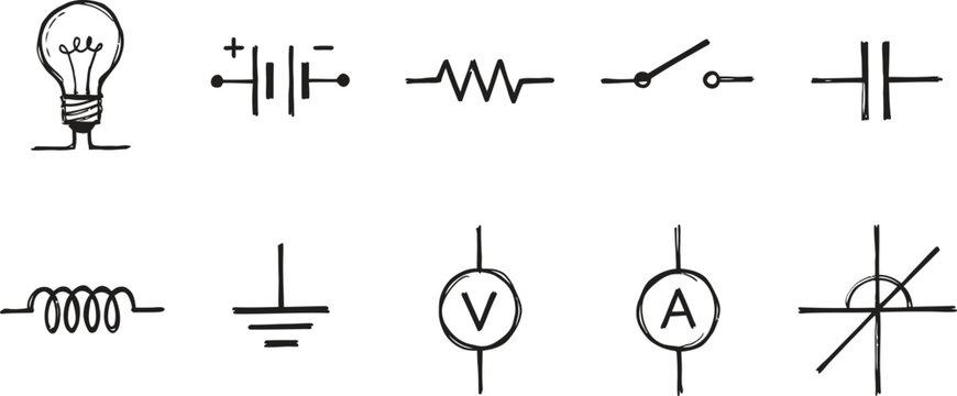 hand drawn electrical circuit symbols on white background for education