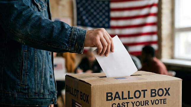 Voting Hand Casting Paper Ballot in Box for National Democracy Concept