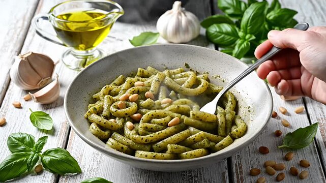 Caserecce pesto pasta with fresh basil and pine nuts.