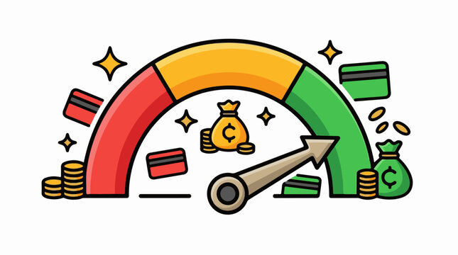 A colorful gauge with red, yellow, and green sections, surrounded by money bags, coins, and cards
